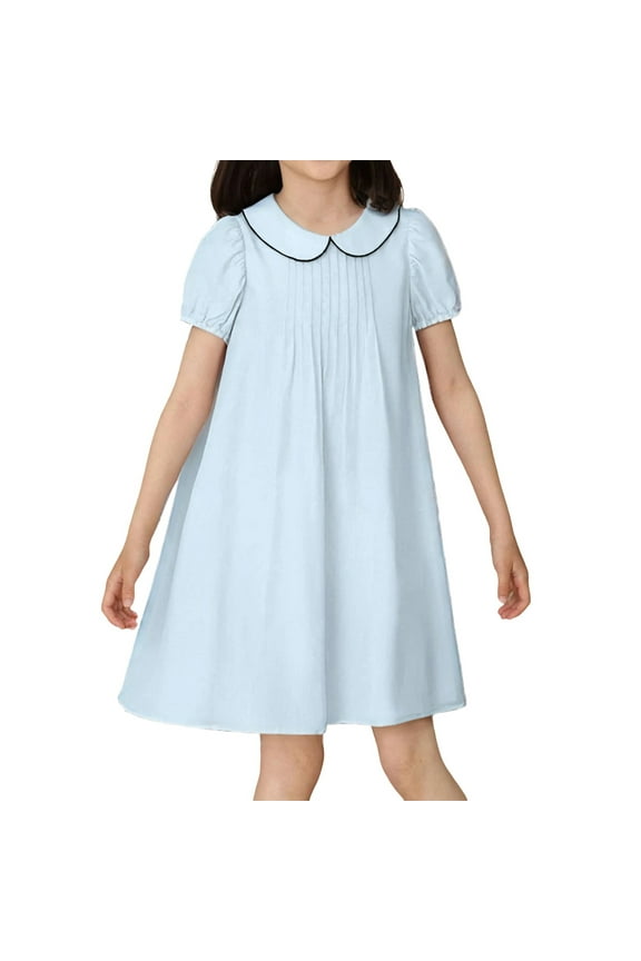 Size 6 Little Girls Short Sleeve Dress Peter Pan Collar School Uniform Dresses Casual Solid Blue