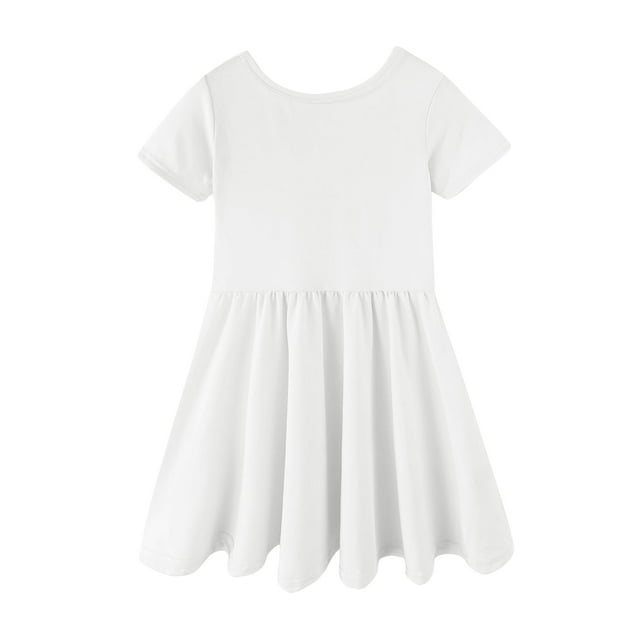 LittleSpring Size 7-8 Backless Dress for Girls Short Sleeve Dress Skater Twirly Stretchy Casual Solid White