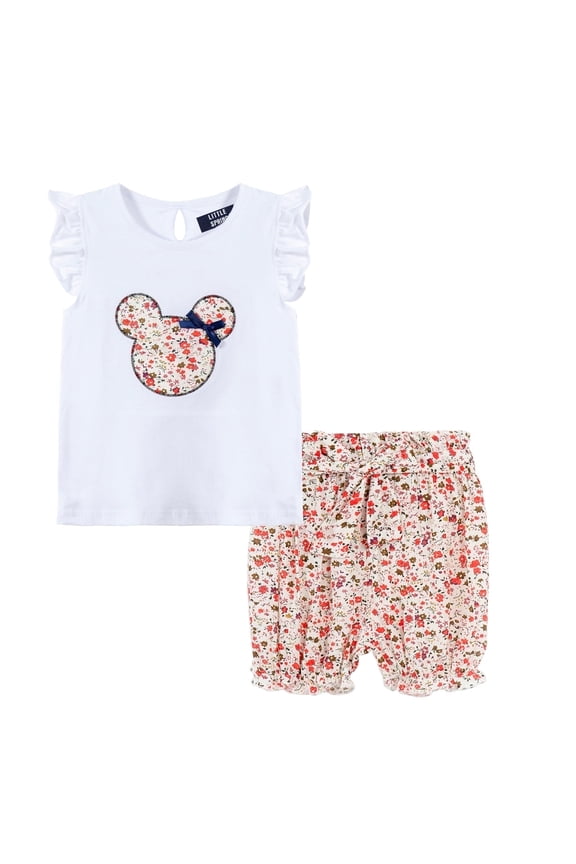 Little Girls Floral Ruffle Shorts Outfit with Cartoon White T-Shirt, Size 7-8