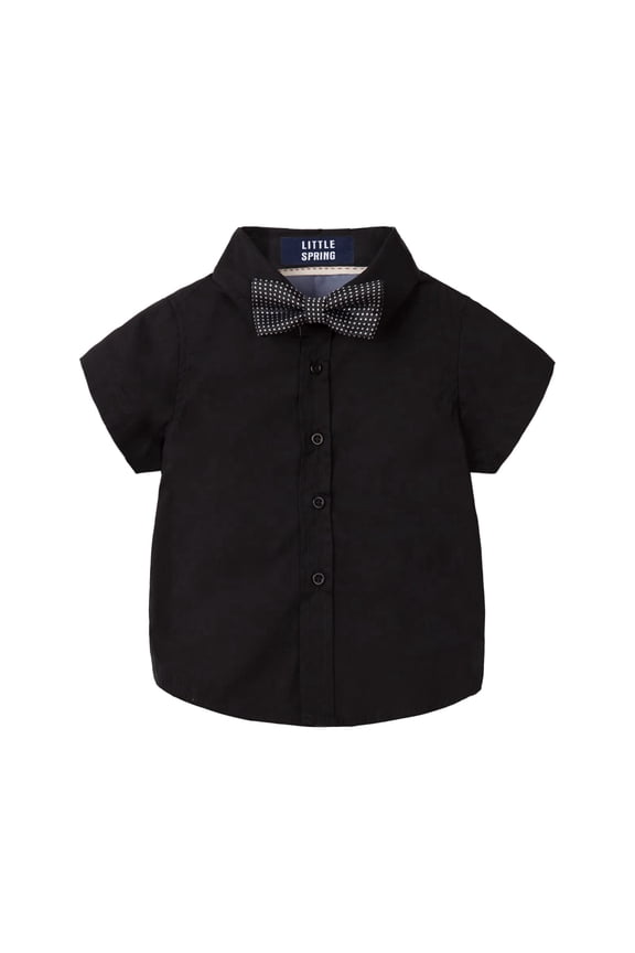 Toddler Black Dress Shirt for Boys Short Sleeve Uniform Shirt Button Down with Bow Tie Solid 4T