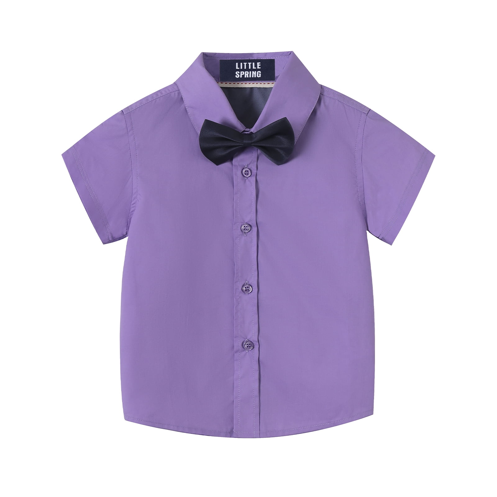 LittleSpring Toddler Boy Dress Shirt for Boys Summer Shirts Button Down Short Sleeve with Bow Tie Solid Purple 2T