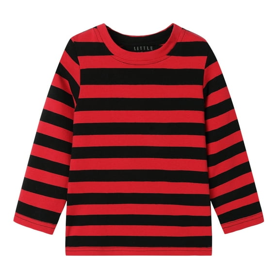 LittleSpring Toddler Boys Long Sleeve Tshirt Casual Crew Neck Tee Shirt Striped Casual Red and Black 2T