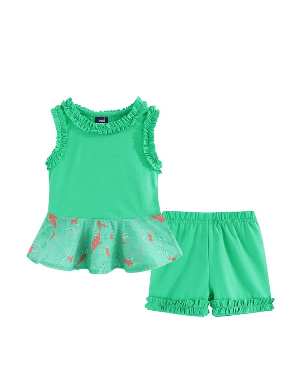 Toddler Girl Short Set 3 Ruffle Tank Top and Shorts 2 Pcs Summer Clothes Set Cute Printing Green