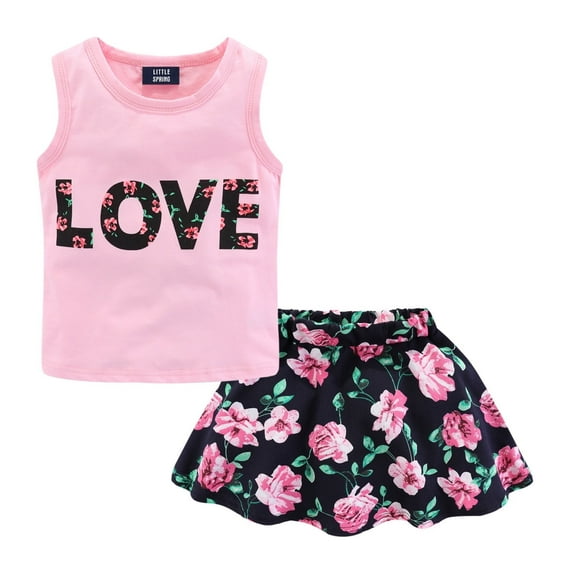 LittleSpring Toddler Girl Summer Outfits Floral Tank Top and Skirt 2 Pcs Clothes Set Pink 3T