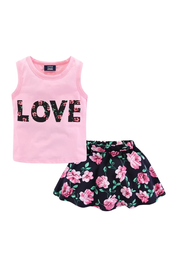 Toddler Girl Summer Outfits Floral Tank Top and Skirt 2 Pcs Clothes Set Pink 3T