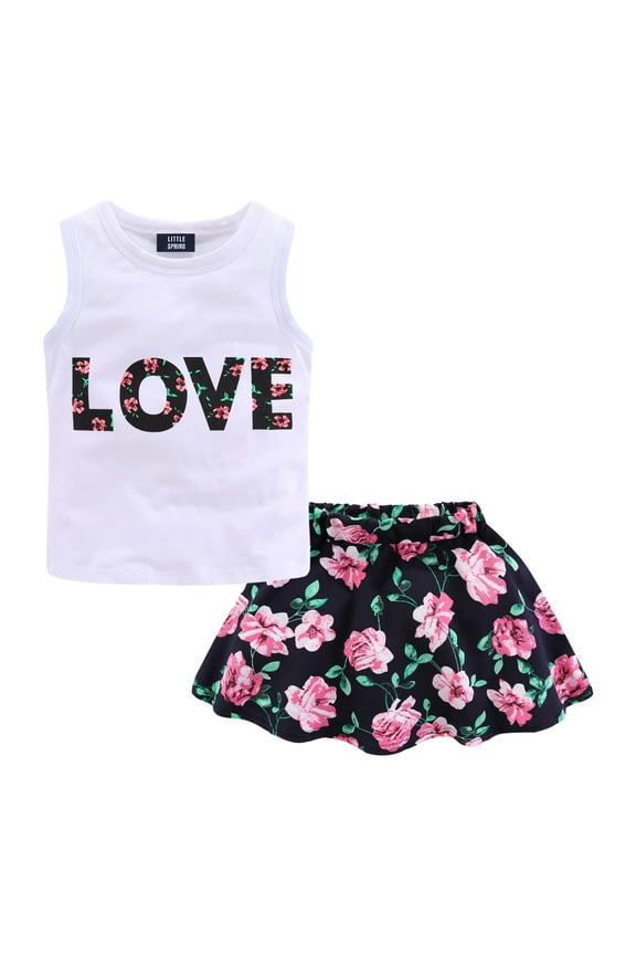 Toddler Girl Summer Outfits Floral Tank Top and Skirt 2 Pcs Clothes Set White 3T