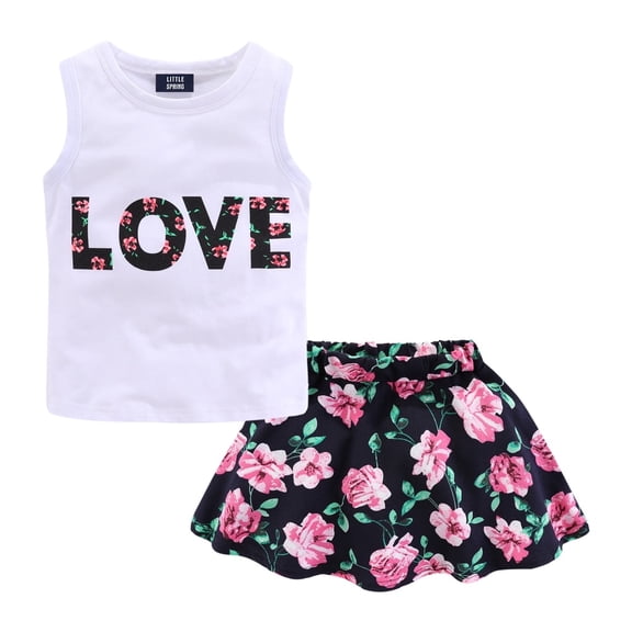 LittleSpring Toddler Girl Summer Outfits Floral Tank Top and Skirt 2 Pcs Clothes Set White 3T