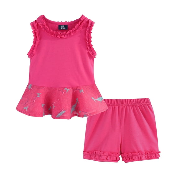LittleSpring Little Girls 2 Piece Outfits 5T Short Sets Ruffle Tank Top and Shorts Set Summer Clothes Hot Pink