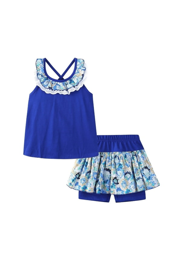 Toddler Girls 2 Piece Outfits Sleeveless Floral Top and Shorts Summer Short Set Blue 3T