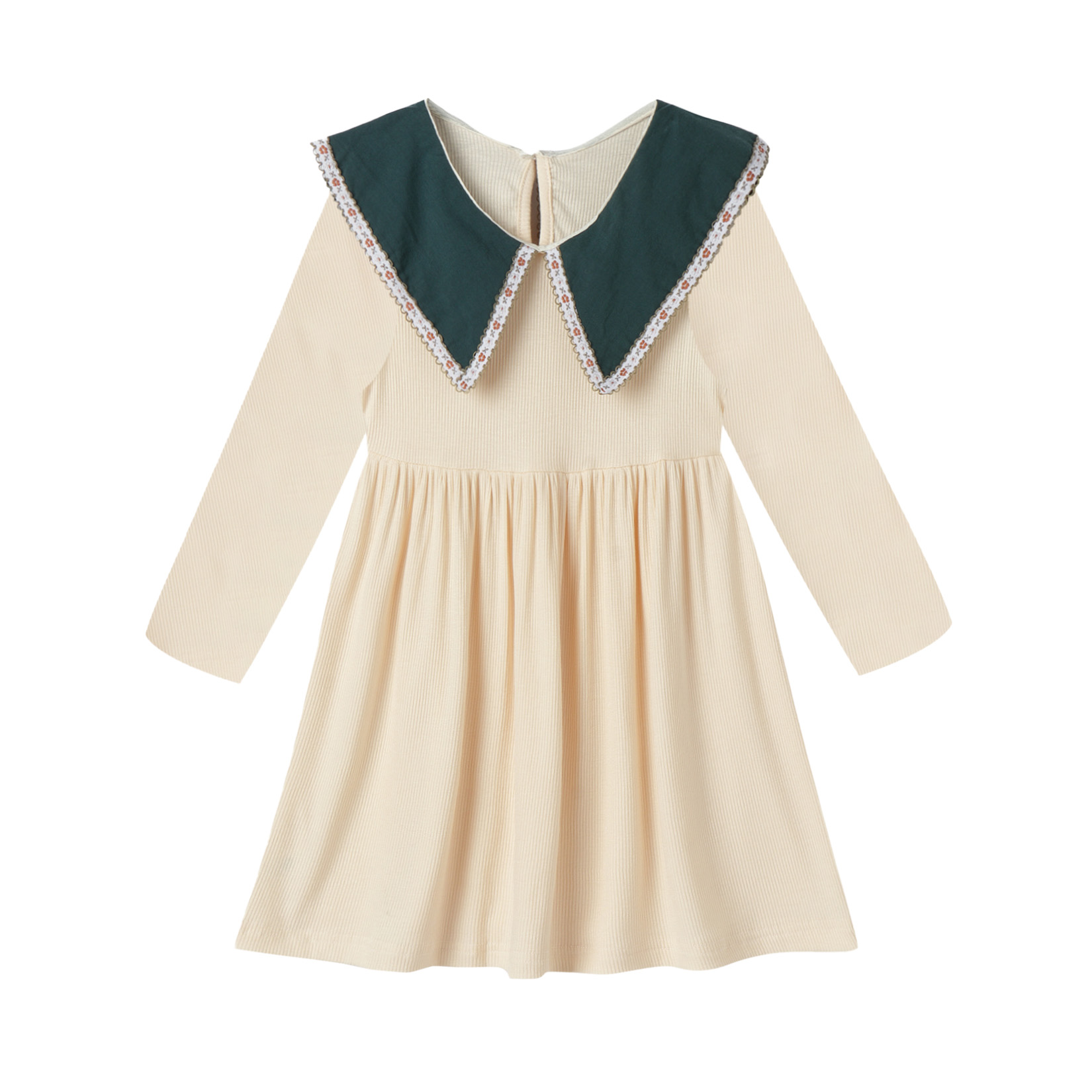 LittleSpring Toddler Girls Long Sleeve Dress 2T Peter Pan Collar Dress Knee-Length Stretchy Rib Knit Beige