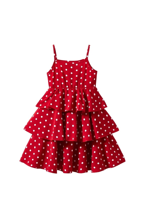 Toddler Girls Polka Dot Red Sundress, Sleeveless, Spaghetti Strap, Tiered Dress, 4T
