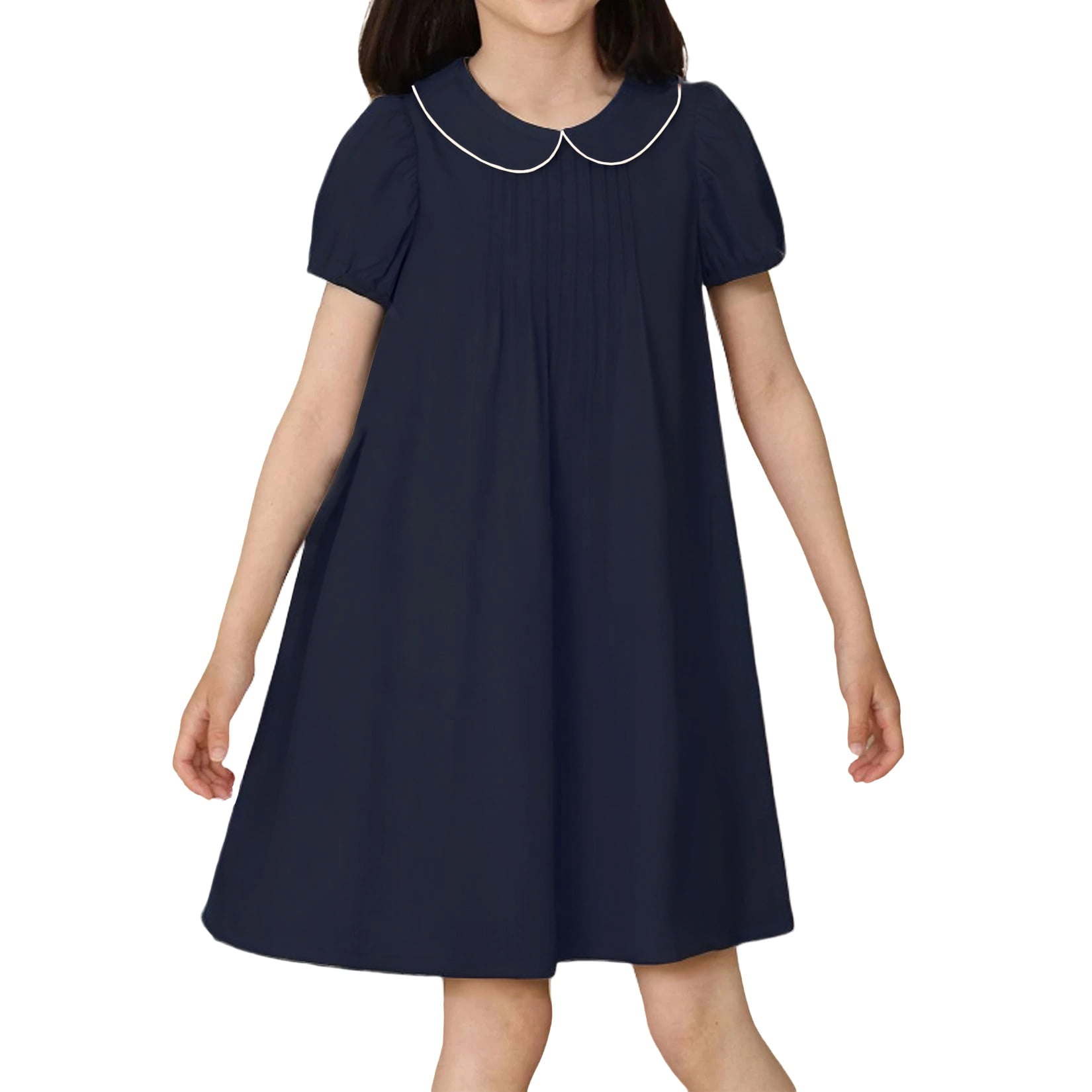 LittleSpring Toddler Girls Short Sleeve Dress Peter Pan Collar School