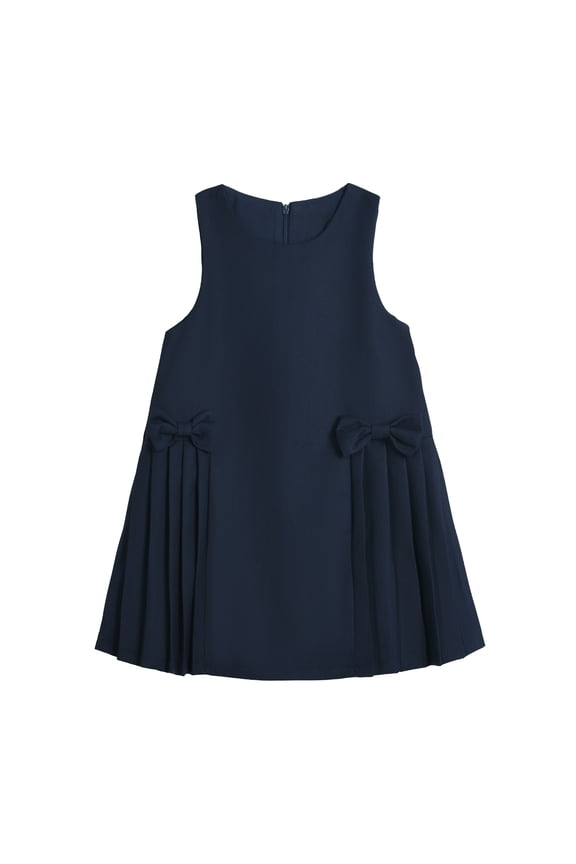 Toddler Girls Sleeveless Dress School Uniform Jumper Dress Navy Blue 2T Pleated Hem Back Zipper Cotton Round Bows Fashion