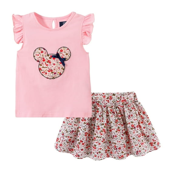 LittleSpring Toddler Girls Casual Cartoon Floral Skirt Outfit Set, 5T