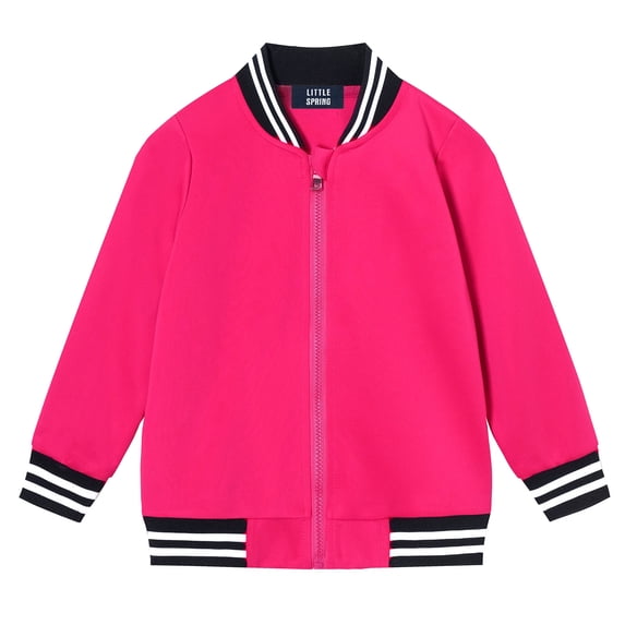 LittleSpring Toddler Girls Varsity Jacket Zip Up Bomber Jackets Outerwear Casual Classic Baseball Jacket Hot Pink 2T