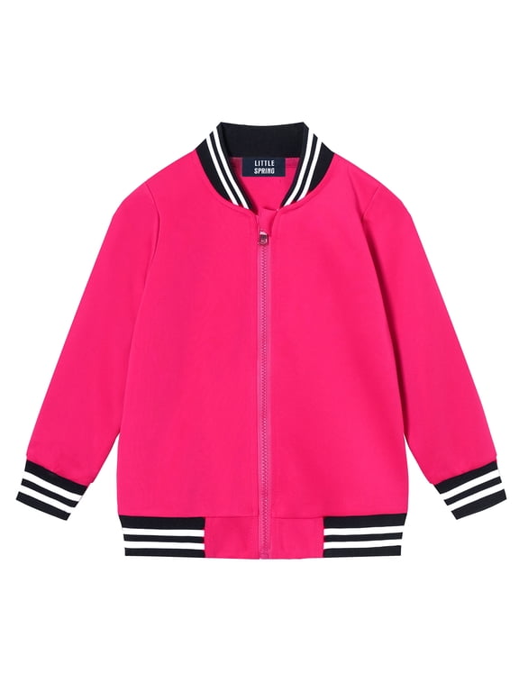 Toddler Girls Varsity Jacket Zip Up Bomber Jackets Outerwear Casual Classic Baseball Jacket Hot Pink 2T