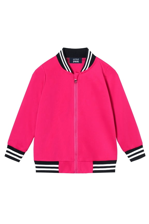 Toddler Girls Varsity Jacket Zip Up Bomber Jackets Outerwear Casual Classic Baseball Jacket Hot Pink 2T
