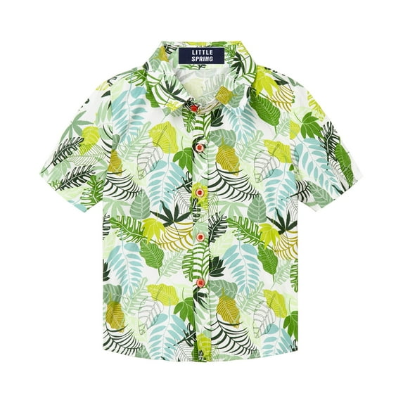 LittleSpring Toddler Hawaiian Shirt 2T Boys Short Sleeve Button Down Shirts Casual Summer Clothes Green Leaves
