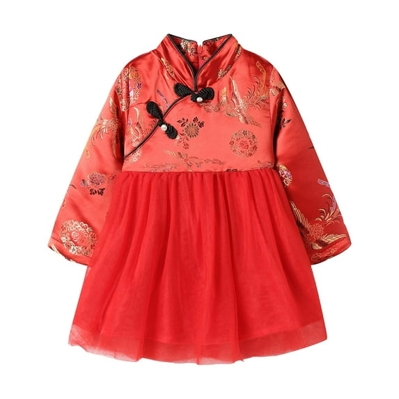 LittleSpring Tween Girls Chinese Qipao Dress Lunar New Year Fleece Lined Tutu Dress Long Sleeve Cheongsam Dress Red Phoenix Size 10