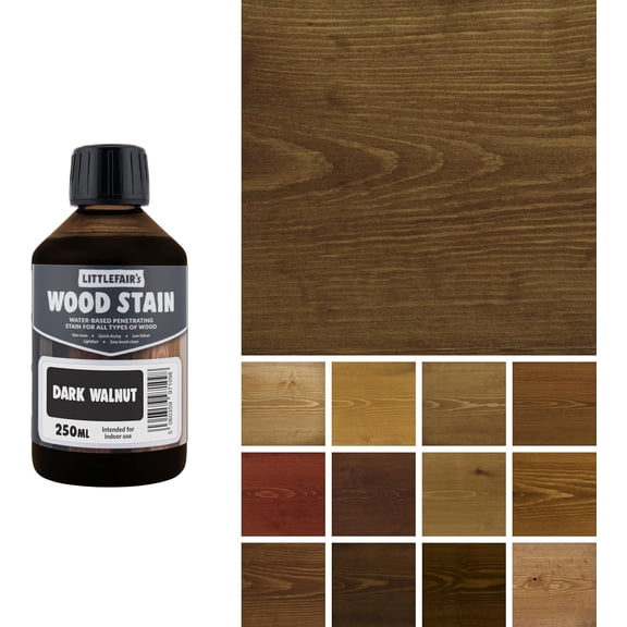 Littlefair's Wood Stain Water Based - 8.5oz/250ml - Indoor Furniture Stain Light & Dark Finishes - Special Non Toxic & Eco Friendly Formula - Wood Stain for Crafts - Color: Dark Walnut