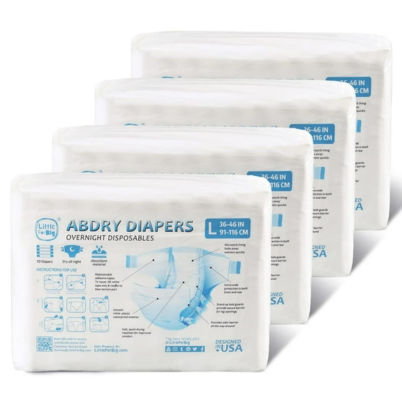 Littleforbig Adult Printed Diaper 40 Pieces (4 Packs) - ABDry White Diapers (Large 36"-48")