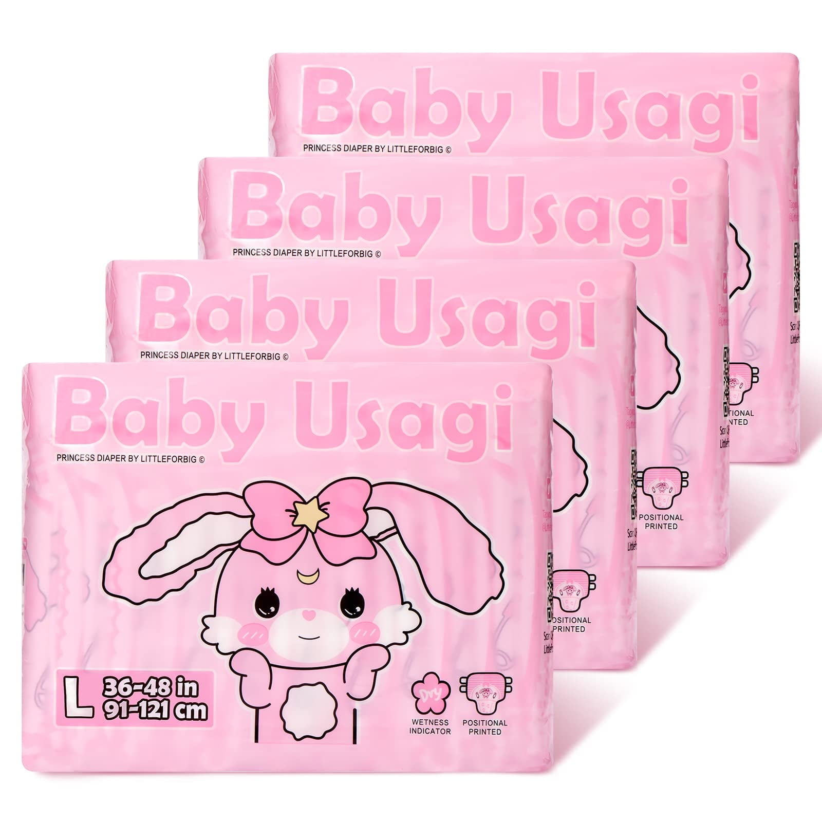 Littleforbig Adult Printed Diaper 40 Pieces (4 Packs) - Baby Usagi (Large 36"-48")