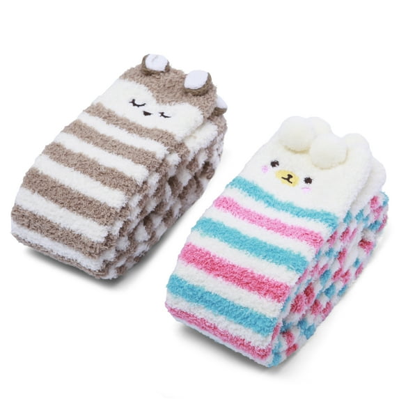 Littleforbig Cute Animal Coral Fleece Thigh High Long Striped Socks 2 Pairs (Brown-Color)