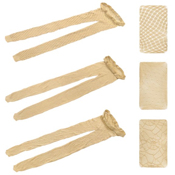 Littleforbig High Waist Fishnet Mesh Net Stockings Jacquard Pantyhose 3 Pairs Set - Nude