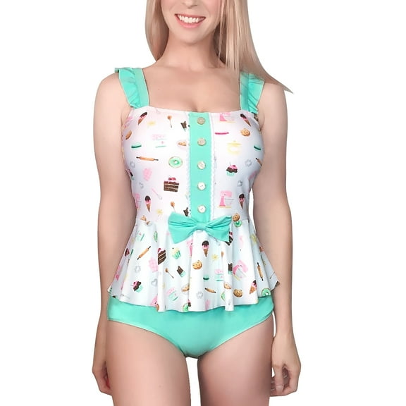 Littleforbig Modest Kawaii One Piece Swimwear Bathing Suit Swimsuit - Vintage Sweets 3XL