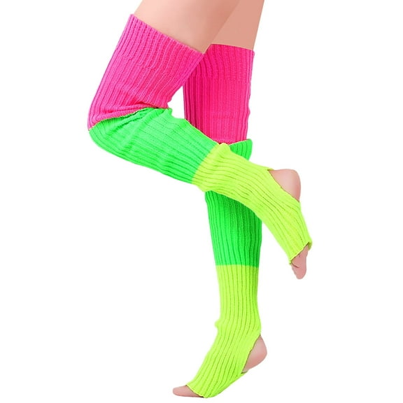Littleforbig Thigh High Bright Color Blocked Novelty Knit Stacked Extra Long Over The Knee Knitted Stirrup Stockings - Red & Green & Yellow