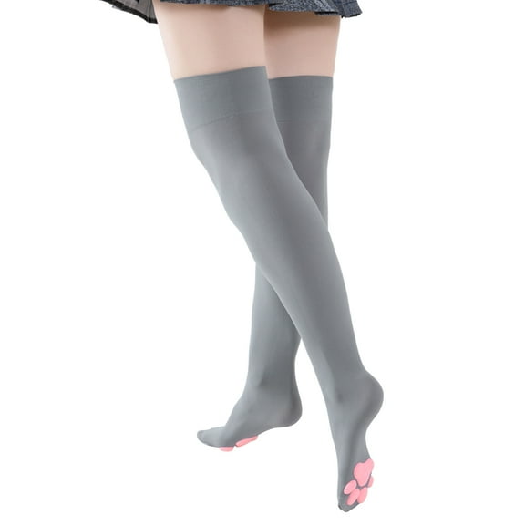 Littleforbig Thigh High Cosplay 3D Paw Pad Silicone Kitten Over The Knee Silk Stockings - Grey