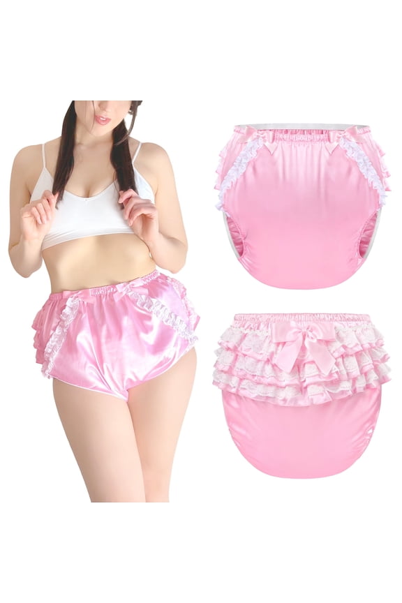 Washable Reusable Waterproof Ruffled Lace Bow Pretty in Pink Satin Over Adult Diaper Cover