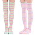 thumbnail image 1 of Littleforbig Women Cute Coral Fleece Thigh High Long Striped Socks 2 Pairs, 1 of 5
