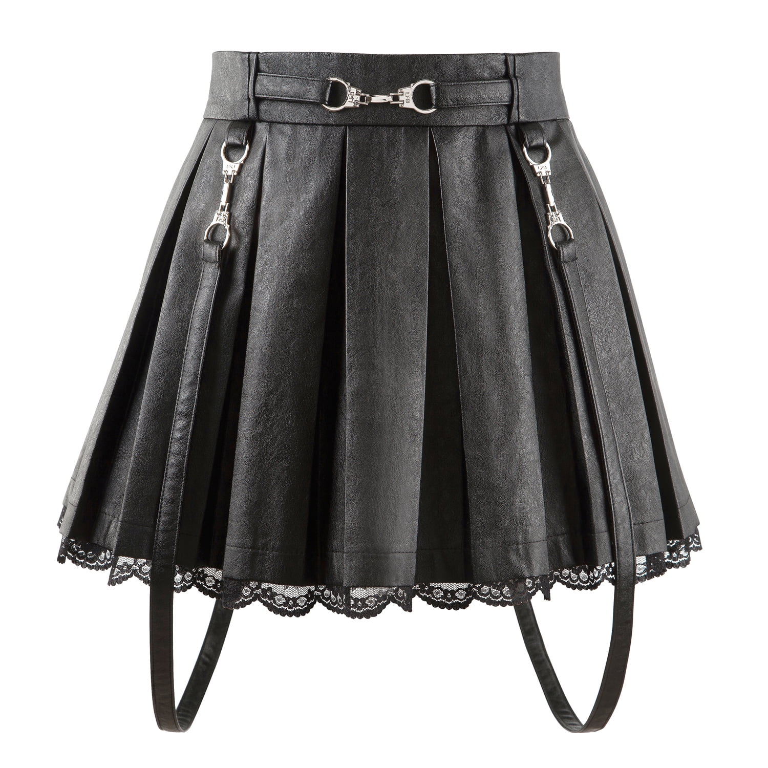 Littleforbig Women's A-Line Pleated Faux Leather Flared Casual Lace Trim Mini Skirts - Troublemaker Black Large