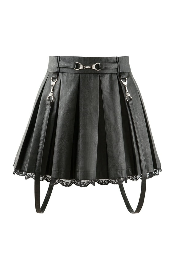 Women's A-Line Pleated Faux Leather Flared Casual Lace Trim Mini Skirts - Troublemaker Black Large