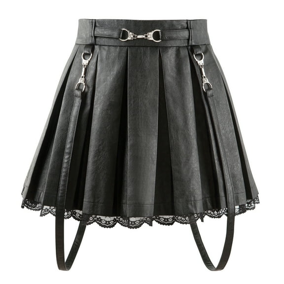 Littleforbig Women's A-Line Pleated Faux Leather Flared Casual Lace Trim Mini Skirts - Troublemaker Black Small
