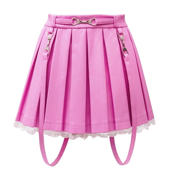 Littleforbig Women's A-Line Pleated Faux Leather Flared Casual Lace Trim Mini Skirts - Troublemaker Pink Medium