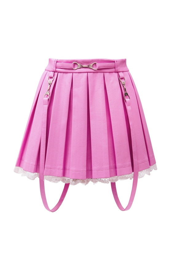 Women's A-Line Pleated Faux Leather Flared Casual Lace Trim Mini Skirts - Troublemaker Pink Small