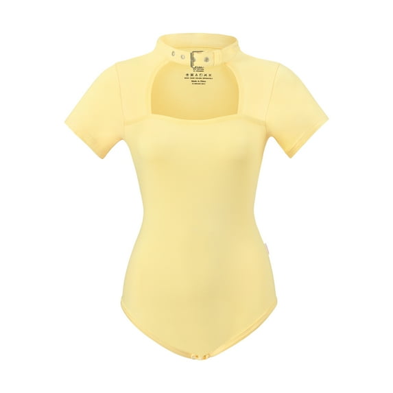 Littleforbig Women's Cotton Scoop Neck Short Sleeve Bodysuit - Collared Yellow 3XL