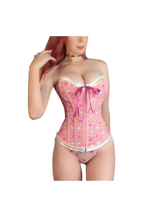 Women's Lace Up Boned Overbust Corset Bustier Bodyshaper Top - Usagi Moon Pattern 2X-Large