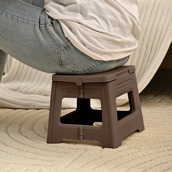 Littleplum Folding Step Stool - 9 Inch Lightweight Plastic Non-Slip Foldable Stool for Kitchen,Bathroom,Bedroom - Plastic Small Collapsible Stepping Stools with Handle,Portable Foldable,Brown