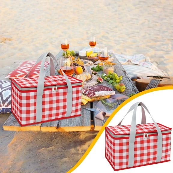 Littleplum Insulated Bag Picnic Basket Bags,Beach Bag Foldable Cooler Bag Reusable with Zippered Top-for Picnic Accessories,for Picnics, Beach,Food Delivery & Outdoor (13.8x7.9x7.9 in),Red