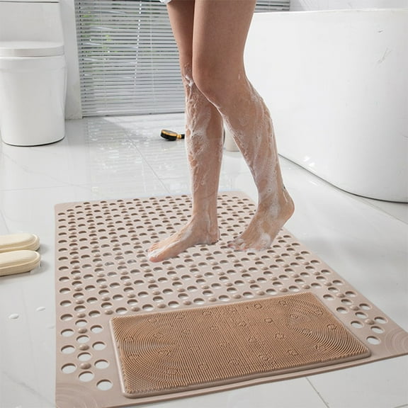 Littleplum Non Slip Square Shower Mat with Suction Cups and Drain Holes Machine Washable PVC Bath Mat 26x16 Inches Anti Slip Bathroom Rug for Shower and Bathtub,1 Pcs，Khaki