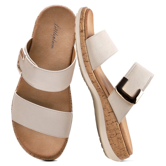Littleplum Slide Sandals for Women Slippers with Arch Support Wide Cork Non-Slip Adjustable Straps Summer Daily Beach Casual Shoes, Apricot, 8.5