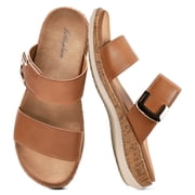 Littleplum Slide Sandals for Women Slippers with Arch Support Wide Cork Non-Slip Adjustable Straps Summer Daily Beach Casual Shoes, Brown, 9