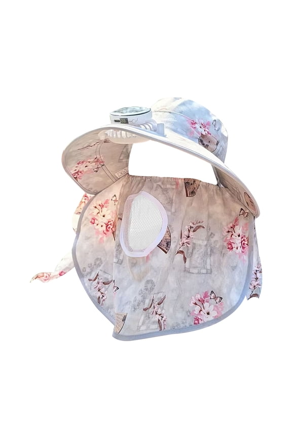 Solar Fan Hat with Floral Wide Brim Face Mask for Women,Summer Breathbale Neck Face Flap UV Protection Visor Hats,for Garden Beach Fishing Hiking Outdoor Activities,White+Gray