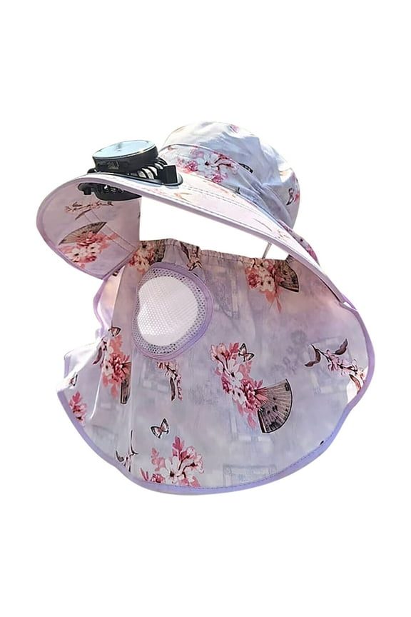 Solar Fan Hat with Floral Wide Brim Face Mask for Women,Summer Breathbale Neck Face Flap UV Protection Visor Hats,for Garden Beach Fishing Hiking Outdoor Activities,Black+Purple