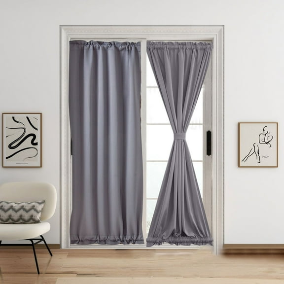 LittleplumDual Rod Pocket Transparent Voile White French Door Drapes with Tieback,1 Panels,French Door Curtains,Rod Pocket Semi Sheer Front Curtain for Door Window,W 25 x L 40 inch,Dark gray