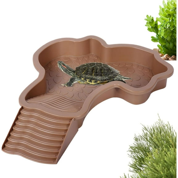 LittleplumTurtle Pond Large Reptile Water Bowl,Large Reptile Bathing Pool Reptile Feeding Dish Water Bowl with Ramp Aquarium Ornament for Gecko,Snake,Turtle,Bearded Dragon,Lizard Bath,Brown