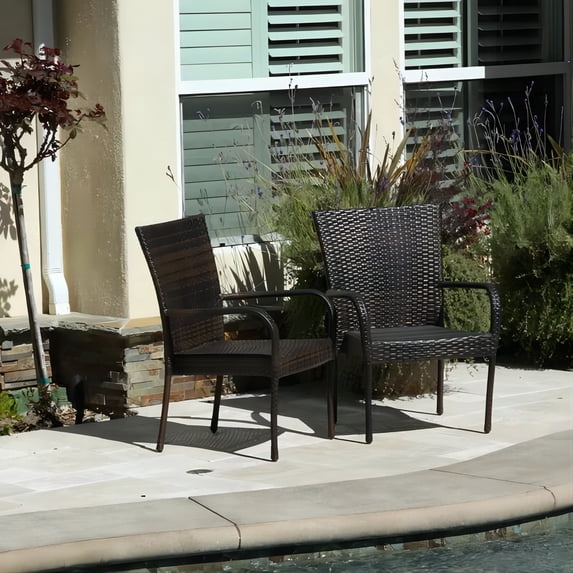 Littleton Brown Multi Wicker Stacking Patio Chair - Transitional Outdoor Dining Seating, 22.5"W x 25.25"D x 35.25"H - Iron Frame, Easy Storage